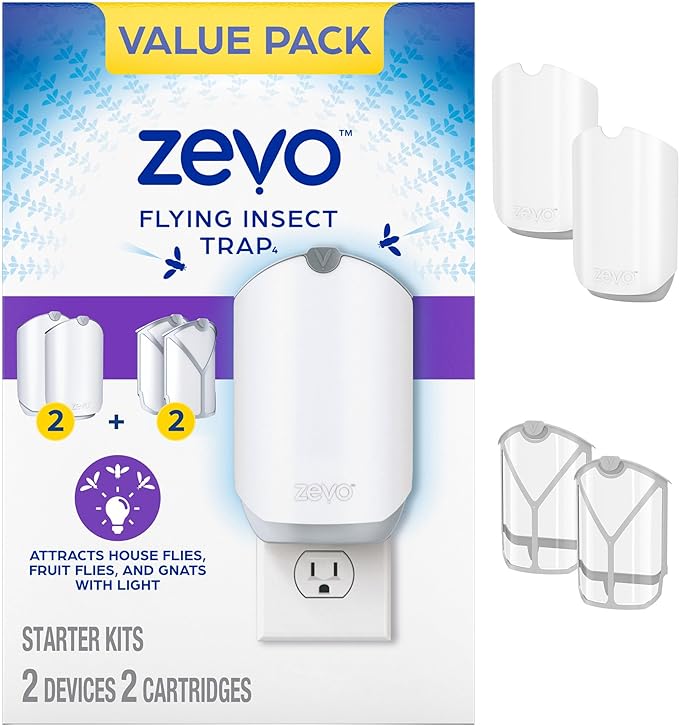 Zevo Flying Insect Trap for Indoors: Light Trap Captures Fruit Flies, Gnats and Houseflies, Starter Kit Value Pack (2 Plug-in Bases + 2 Cartridges)